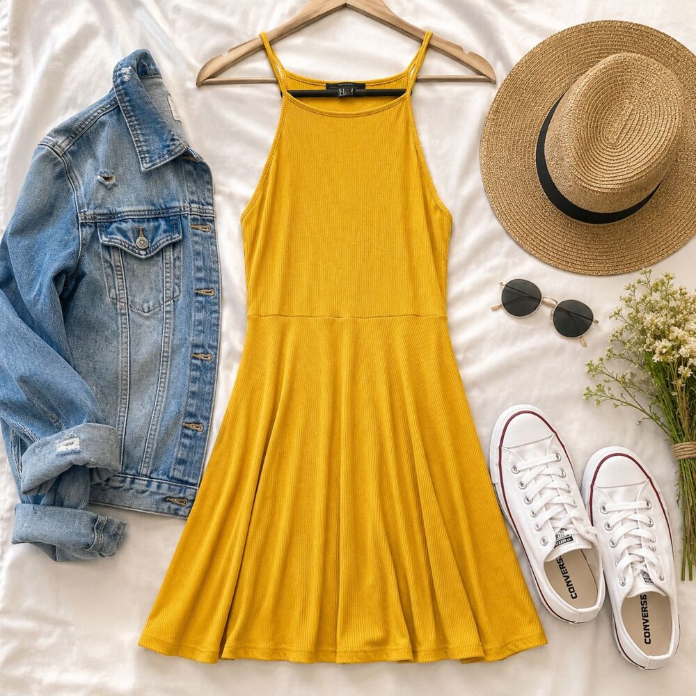 Forever 21 Mustard Yellow Ribbed Halter Skater Mini Dress Women's Small